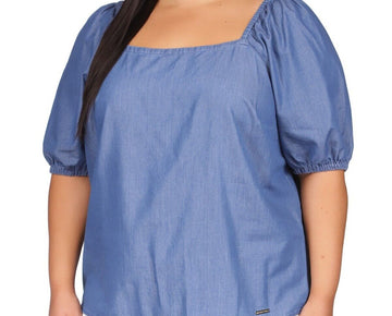 Michael Kors Square-Neck Puff-Sleeve Top Blue Plus Size 3X MSRP $98