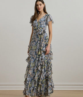Lauren Ralph Lauren Women's Floral Ruffle-Trim Georgette Gown Blue Size 16 $325