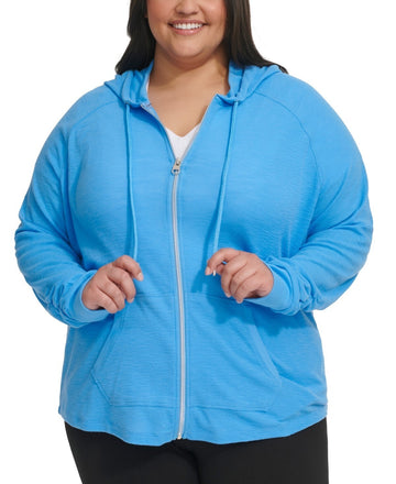 Calvin Klein Performance Ruched-Sleeve Zip Hoodie Blue Size 3X MSRP $59