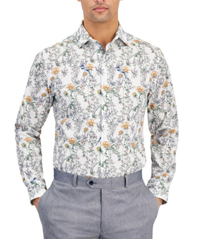 Bar III Slim-Fit Bird Floral Dress Shirt White Size 14/14.5 (S) MSRP $70