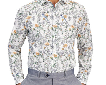 Bar III Slim-Fit Bird Floral Dress Shirt White Size 14/14.5 (S) MSRP $70