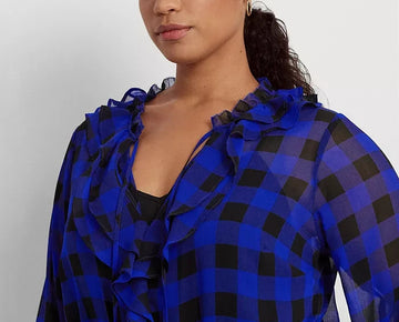 Lauren Ralph Lauren Plus Size 3X Ruffled Buffalo Check Blouse Blue MSRP $145