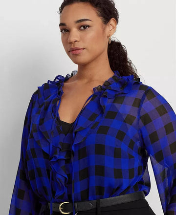 Lauren Ralph Lauren Plus Size 3X Ruffled Buffalo Check Blouse Blue MSRP $145
