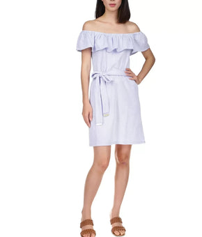 MICHAEL KORS Flare Sleeve Off-the-Shoulder Dress Blue Petite Size PM Stripe $140