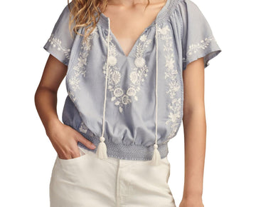 Lucky Brand Womens Tassle Tie Neck Peasant Blouse, Blue, Size S MSRP $90