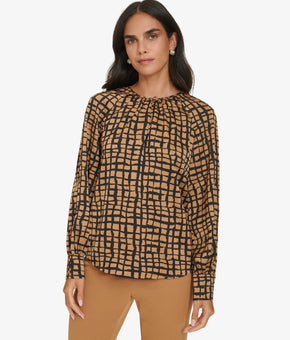 Calvin Klein Women's Printed Long-Sleeve Keyhole Blouse Brown Size L MSRP $89
