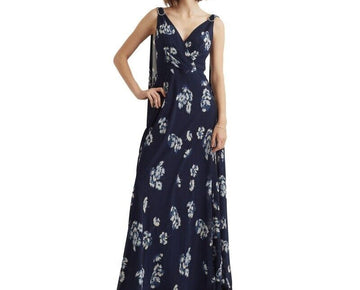 Lauren Ralph Lauren Floral Crinkled Georgette Gown Navy Blue Size 12 MSRP $260