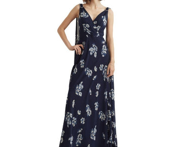 Lauren Ralph Lauren Floral Crinkled Georgette Gown Navy Blue Size 12 MSRP $260