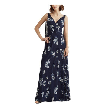 Lauren Ralph Lauren Floral Crinkled Georgette Gown Navy Blue Size 12 MSRP $260