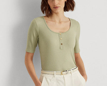 LAUREN RALPH LAUREN Elbow-Sleeve Henley Top Ranch Sage Green Size L MSRP $70