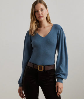 Lauren Ralph Lauren Women's Blouson-Sleeve Sweater Blue Size L MSRP $125