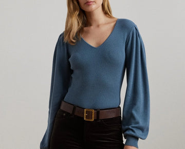 Lauren Ralph Lauren Women's Blouson-Sleeve Sweater Blue Size XL MSRP $125