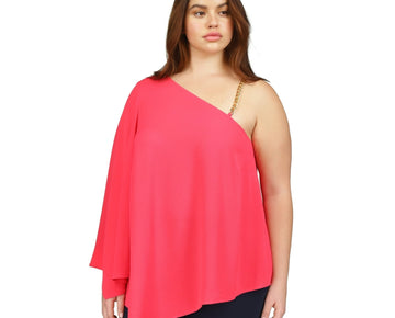 Michael Kors Women Asymmetric Chain Strap One Shoulder Blouse Pink, Plus Size 1X