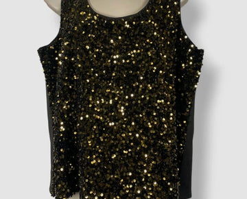 DKNY Women's Sequined Scoop-Neck Sleeveless Tank Top Black Gold Size S MSRP $79