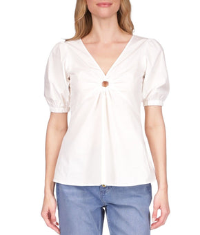 Michael Kors Women Puff Sleeve Ring Cotton Top White Blouse SZ LARGE MSRP $110