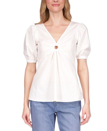 Michael Kors Women Puff Sleeve Ring Cotton Top White Blouse SZ LARGE MSRP $110