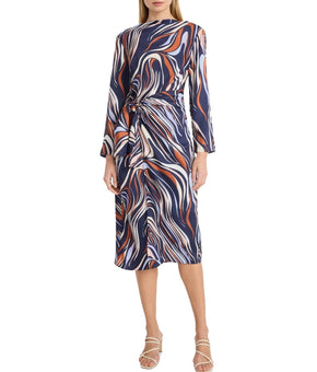 Donna Morgan Women's Tie-Waist Wavy-Print Dress Size 8 Blue MSRP $138