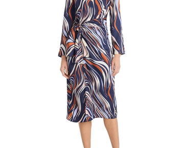 Donna Morgan Women's Tie-Waist Wavy-Print Dress Size 8 Blue MSRP $138