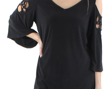 VINCE CAMUTO Womens Black Cold Shoulder Cut Out 3/4 Sleeve V Neck Top Size XS