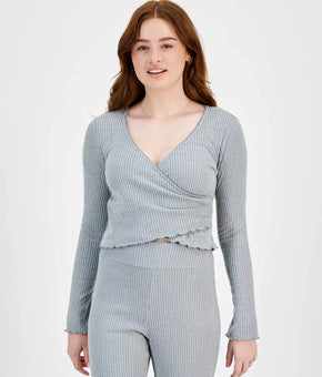 Planet Heart Juniors' Surplice-Neck Ribbed Long Sleeve Top Gray Size S
