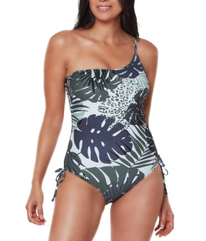Bar III Green Moody Tropics Printed One-Shoulder One Piece Swimsuit Size S $88