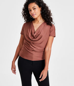 Bar III Women's Brown Short-Sleeve Cowlneck Top Petite Size PXS