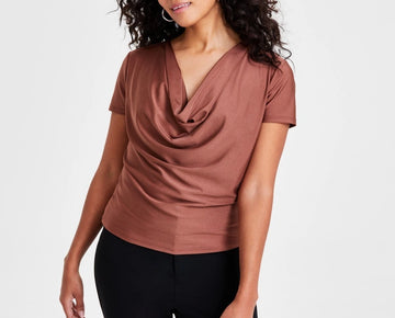 Bar III Women's Brown Short-Sleeve Cowlneck Top Petite Size PXS