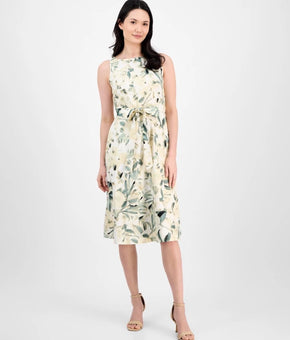 Anne Klein Dress Womens Size 2 White Floral Linen Belted Knee Fit & Flare $139