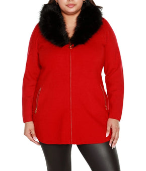 Belldini Black Label Plus Size 3X Faux Fur Collar Zipper Soft Cardigan Red $144