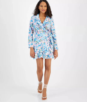 Bar III Petite Floral-Print Ruffled Tie-Waist Wrap Dress Blue Size PXL MSRP $60