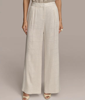 Donna Karan Women Linen-Blend Jacquard Wide-Leg Pants pocket Cream Size 10 $129