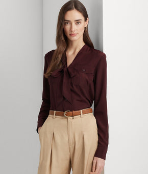 LAUREN Ralph Lauren Crepe Tie-Neck Shirt (Red Burgundy) Womens Size S MSRP $125