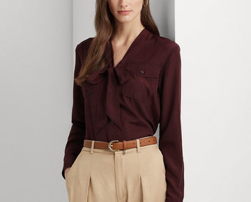 LAUREN Ralph Lauren Crepe Tie-Neck Shirt (Red Burgundy) Womens Size XL MSRP $125