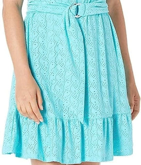 MICHAEL KORS Eyelet Mock-Neck polyester Mini Dress Turquoise Blue Size S $140