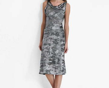DKNY Women's Liquid Velvet Cowl-Neck Sleeveless Dress Silver Size 10 MSRP $149