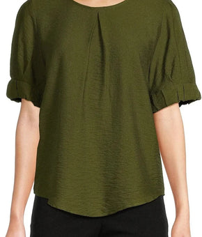 DKNY Women's Puff-Sleeve Pleated Blouse Rayon Olive Green Size XS $79
