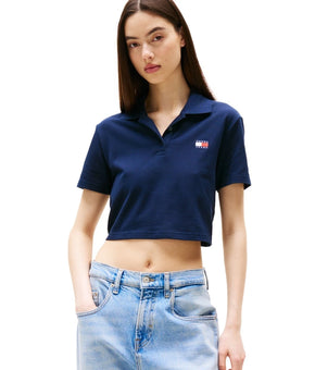Tommy Jeans Women Crop Badge Short-Sleeve Polo collar Top Navy Blue Size XS $50