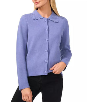 CeCe Women's Lace-Collar Button-Front Cardigan Blue Size M MSRP $99