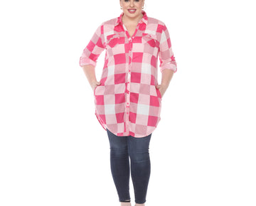 White Mark Women's Plus Size Buffalo Plaid Tunic Shirt Pink Size 1X