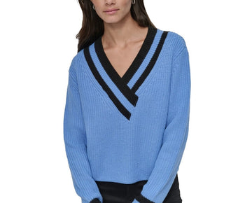 DKNY Jeans Women's Varsity V-Neck Relaxed Sweater Blue Size XL MSRP $79