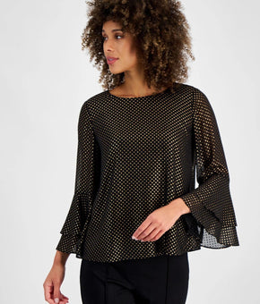 Kasper Blouse Womens Petite Size PXL Black Gold Polka Dot Ruffle Bell Sleeve $69