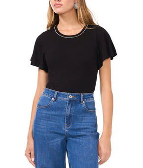 1.STATE Women's Embellished-Neck Flutter-Sleeve T-Shirt Black Size L MSRP $79