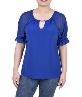 NY Collection Women's Petite Short Ruffle Sleeve Top Blue Size PS