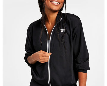 Reebok Womens Logo Tricot Long-Sleeve Jacket Zipper Black Size L Black MSRP $55