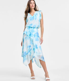 Jones New York Blue White Printed Ruffled Skirt Size L MSRP$90