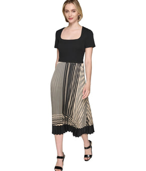 KARL LAGERFELD Women's A-line Square-Neck Pleated-Skirt Dress Black Size L $158