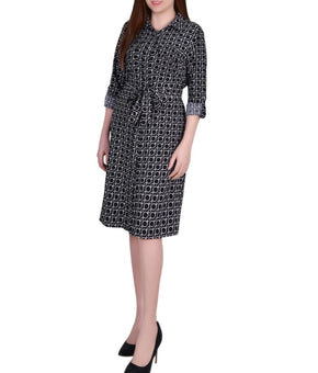 NY Collection Long Sleeve Roll Tab Shirtdress White Black Petite Size PM $54