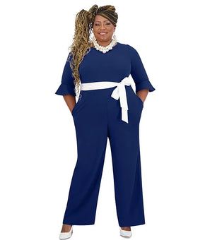 Kasper Women's Boat-Neck 3/4-Ruffle-Sleeve Jumpsuit Blue Size S MSRP $129
