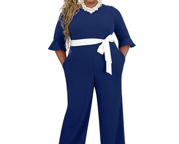 Kasper Women's Boat-Neck 3/4-Ruffle-Sleeve Jumpsuit Blue Size S MSRP $129