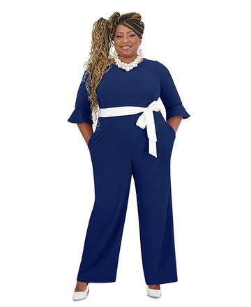 Kasper Women's Boat-Neck 3/4-Ruffle-Sleeve Jumpsuit Blue Size S MSRP $129